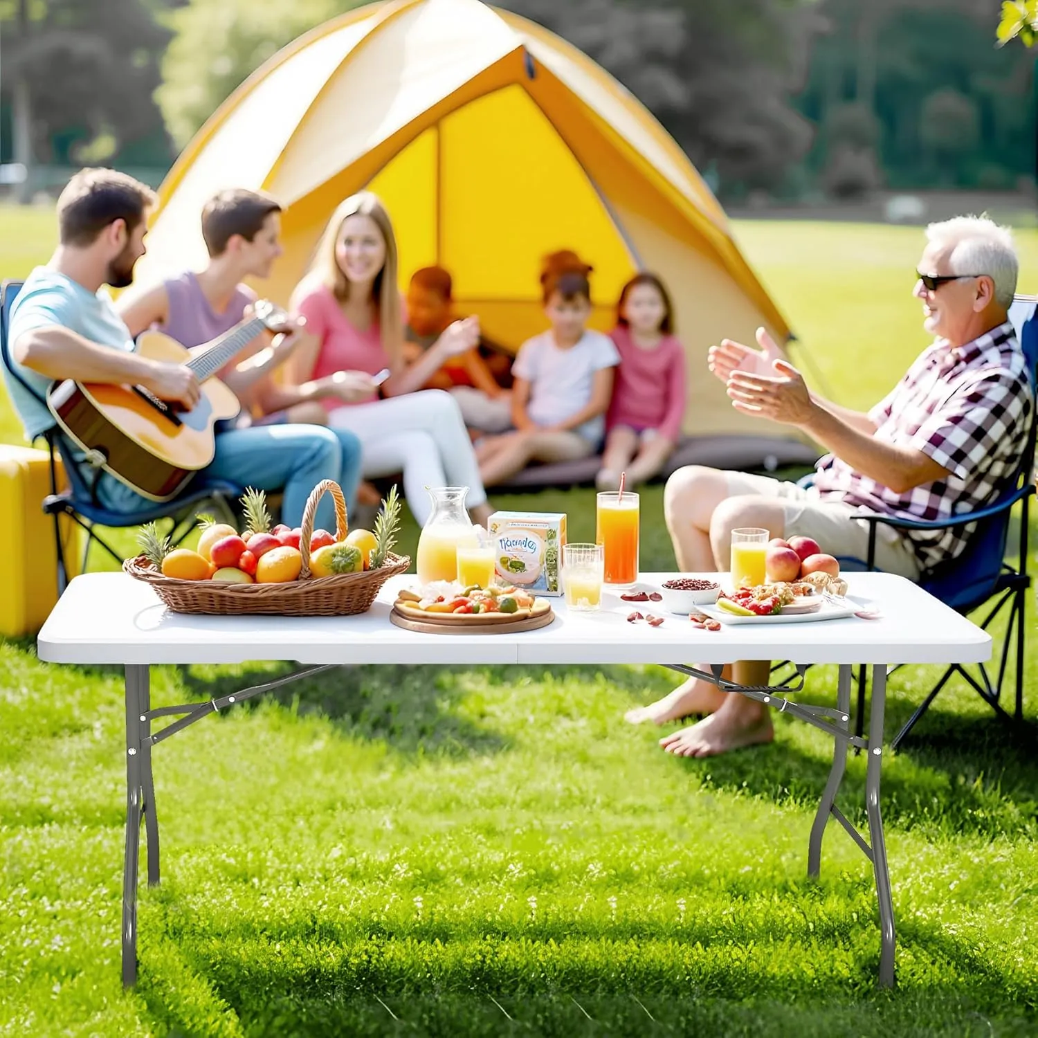 Folding Table 6ft with Carrying Handle - Portable Plastic Fold in Half Table with Safety Locks, Heavy Duty Plastic Foldable Table for Party, Picnic, Camping, Dining (White-A, 6FT)