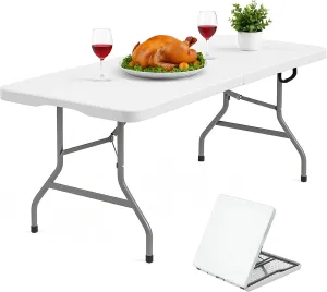 Folding Table 6ft with Carrying Handle - Portable Plastic Fold in Half Table with Safety Locks, Heavy Duty Plastic Foldable Table for Party, Picnic, Camping, Dining (White-A, 6FT)