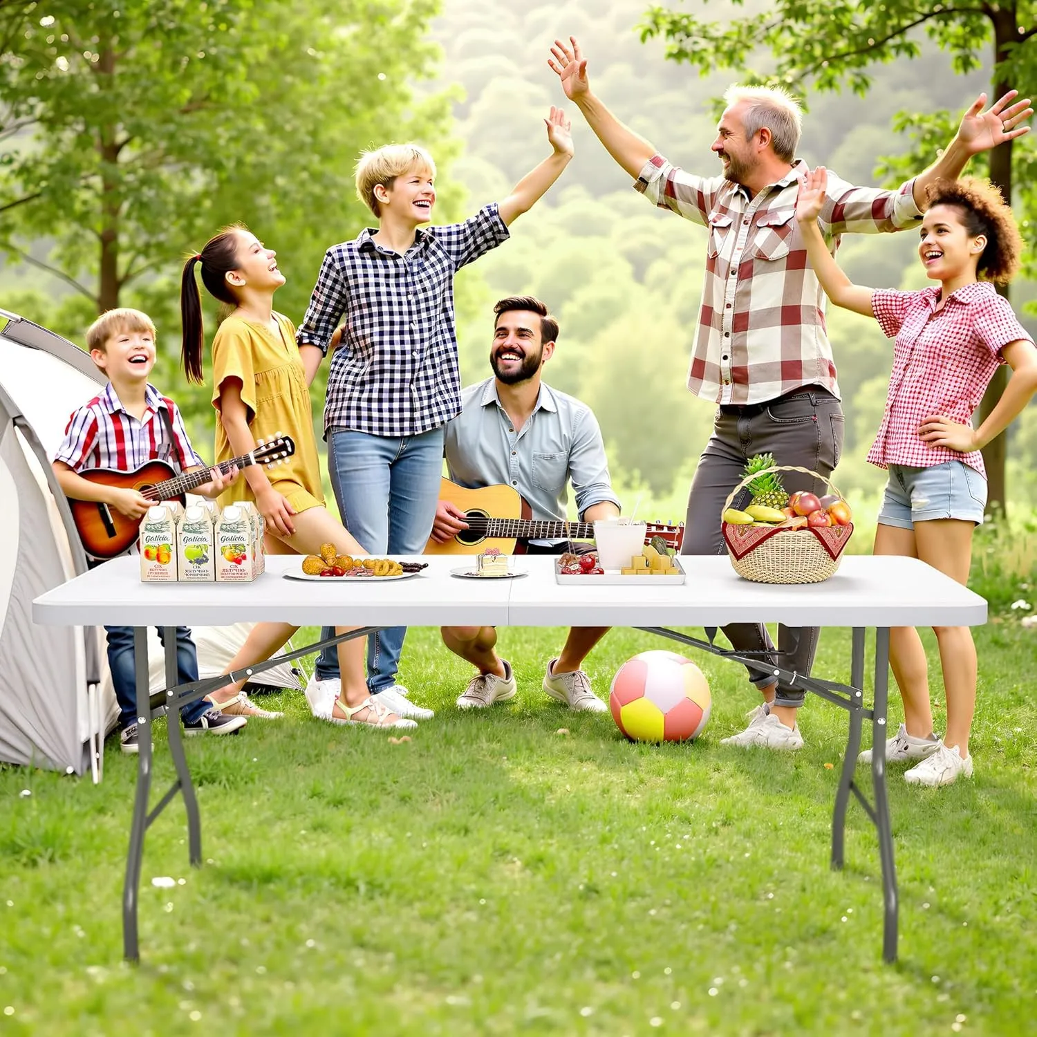 Folding Table 6ft with Carrying Handle - Portable Plastic Fold in Half Table with Safety Locks, Heavy Duty Plastic Foldable Table for Party, Picnic, Camping, Dining (White-A, 6FT)