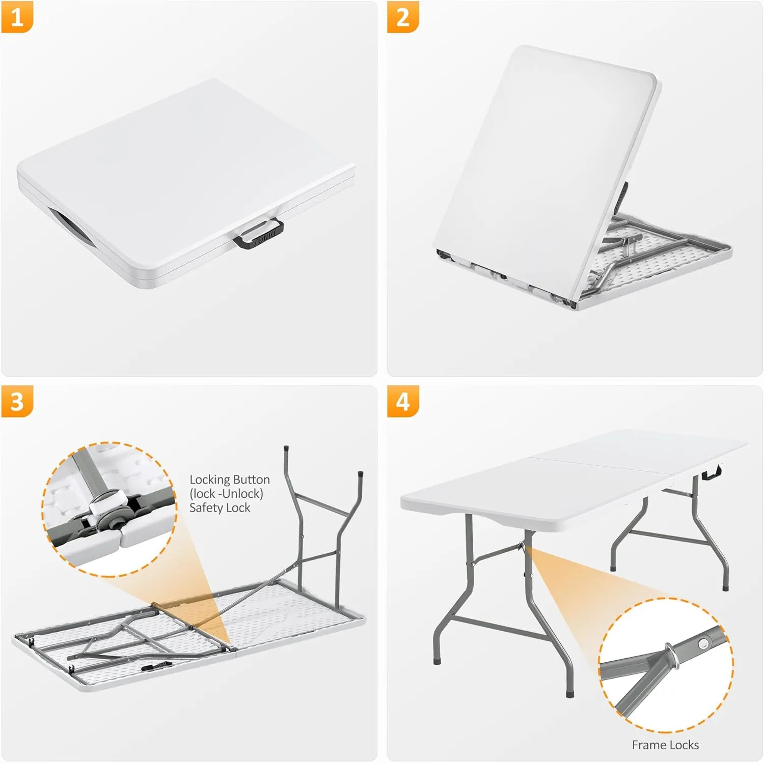 Folding Table 6ft with Carrying Handle - Portable Plastic Fold in Half Table with Safety Locks, Heavy Duty Plastic Foldable Table for Party, Picnic, Camping, Dining (White-A, 6FT)