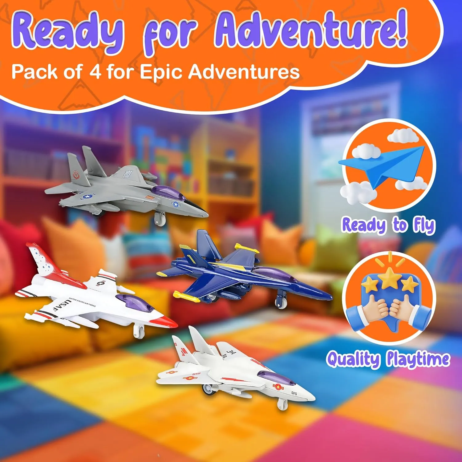 Forest & Twelfth Mini Fighter Jet Set, 4" Die-cast Metal Pullback Military Airplanes, US Air Force Jet Planes for Kids, Army Aircrafts Toys for Imaginative Play, Party Favors, Decorations (4 Pack)