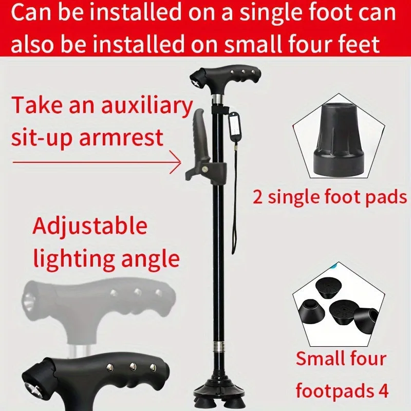 Four-legged Walking Cane With Lights, Non-slip Walking Stick, Multi-functional Telescopic Adjustment, High And Low Aid To Sit Up, Aluminum Alloy Stick