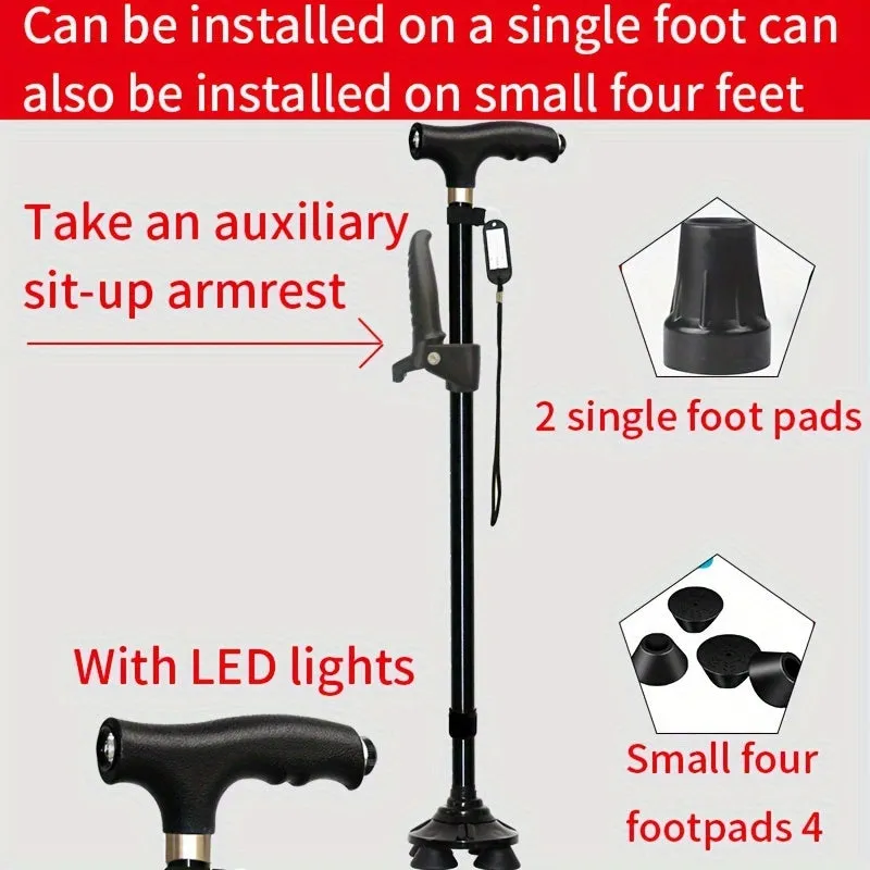 Four-legged Walking Cane With Lights, Non-slip Walking Stick, Multi-functional Telescopic Adjustment, High And Low Aid To Sit Up, Aluminum Alloy Stick