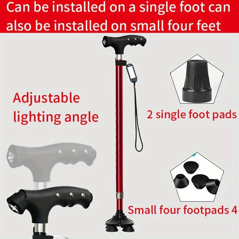 Four-legged Walking Cane With Lights, Non-slip Walking Stick, Multi-functional Telescopic Adjustment, High And Low Aid To Sit Up, Aluminum Alloy Stick