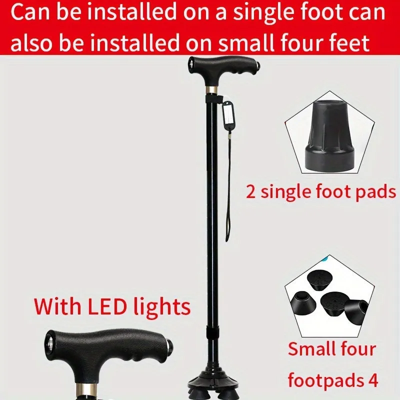 Four-legged Walking Cane With Lights, Non-slip Walking Stick, Multi-functional Telescopic Adjustment, High And Low Aid To Sit Up, Aluminum Alloy Stick