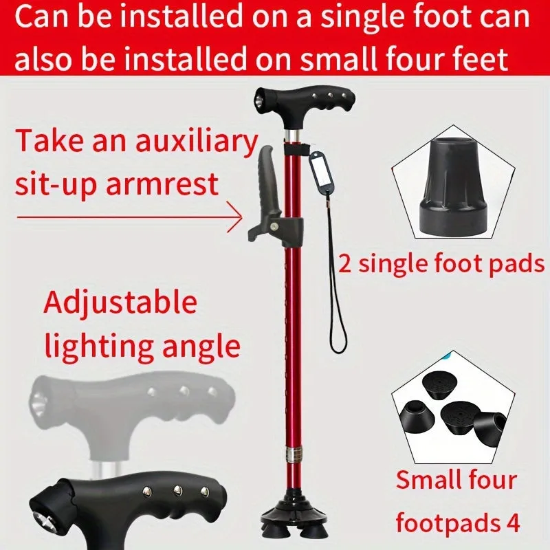 Four-legged Walking Cane With Lights, Non-slip Walking Stick, Multi-functional Telescopic Adjustment, High And Low Aid To Sit Up, Aluminum Alloy Stick