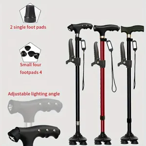 Four-legged Walking Cane With Lights, Non-slip Walking Stick, Multi-functional Telescopic Adjustment, High And Low Aid To Sit Up, Aluminum Alloy Stick