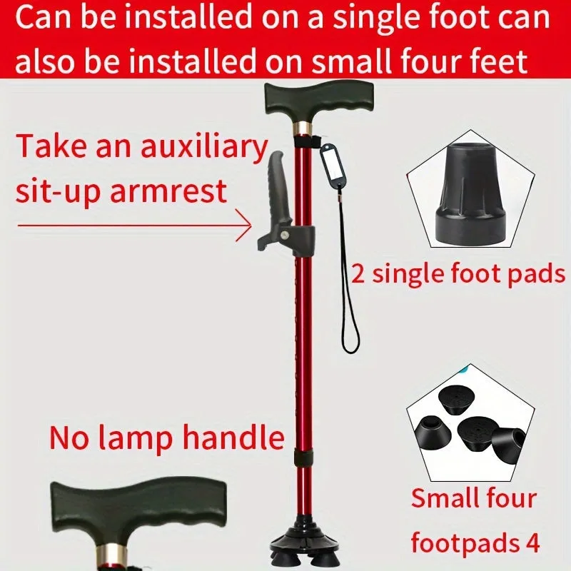 Four-legged Walking Cane With Lights, Non-slip Walking Stick, Multi-functional Telescopic Adjustment, High And Low Aid To Sit Up, Aluminum Alloy Stick