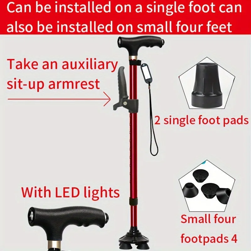 Four-legged Walking Cane With Lights, Non-slip Walking Stick, Multi-functional Telescopic Adjustment, High And Low Aid To Sit Up, Aluminum Alloy Stick