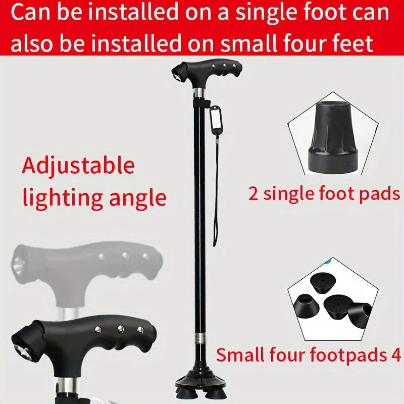 Four-legged Walking Cane With Lights, Non-slip Walking Stick, Multi-functional Telescopic Adjustment, High And Low Aid To Sit Up, Aluminum Alloy Stick