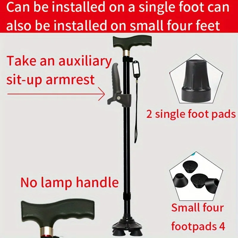 Four-legged Walking Cane With Lights, Non-slip Walking Stick, Multi-functional Telescopic Adjustment, High And Low Aid To Sit Up, Aluminum Alloy Stick