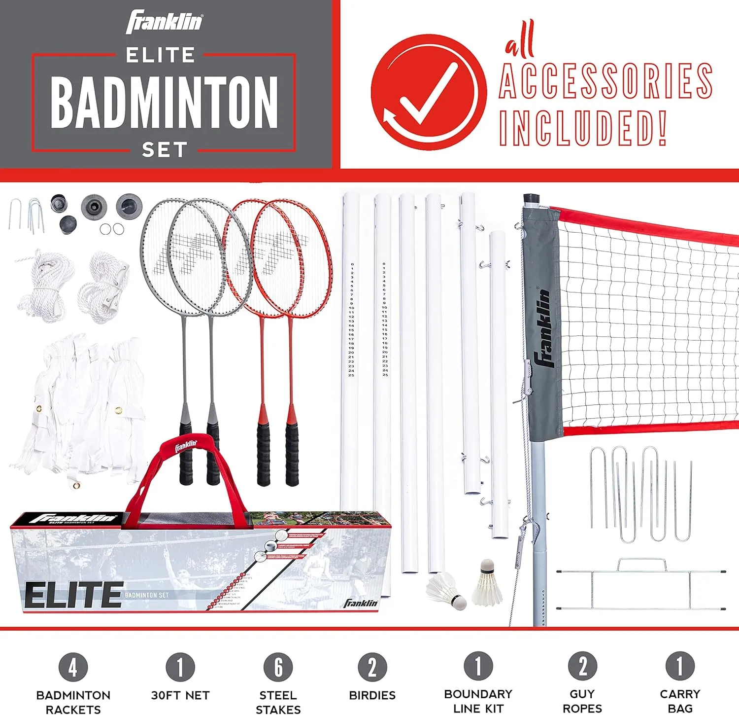 Franklin Sports Badminton Net Sets - Outdoor Backyard   Beach Badminton Net   Equipment Set - (4) Rackets   (2) Birdies   Portable Net Included - Adults   Kids Set