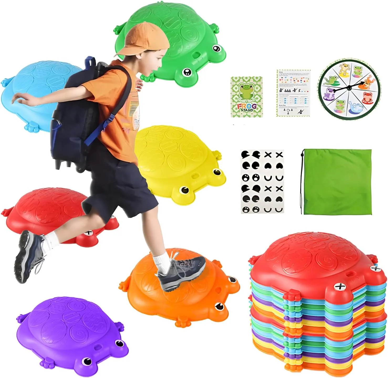 Frog Stepping Stones for Kids Outdoor Toys - 12 Pcs Non-Slip Stepping Stone,Balance Stepping Stones Kids, Kids Stepping Stones,Obstacle Course with Spinner & Activity Cards,Gift for Boys Girls