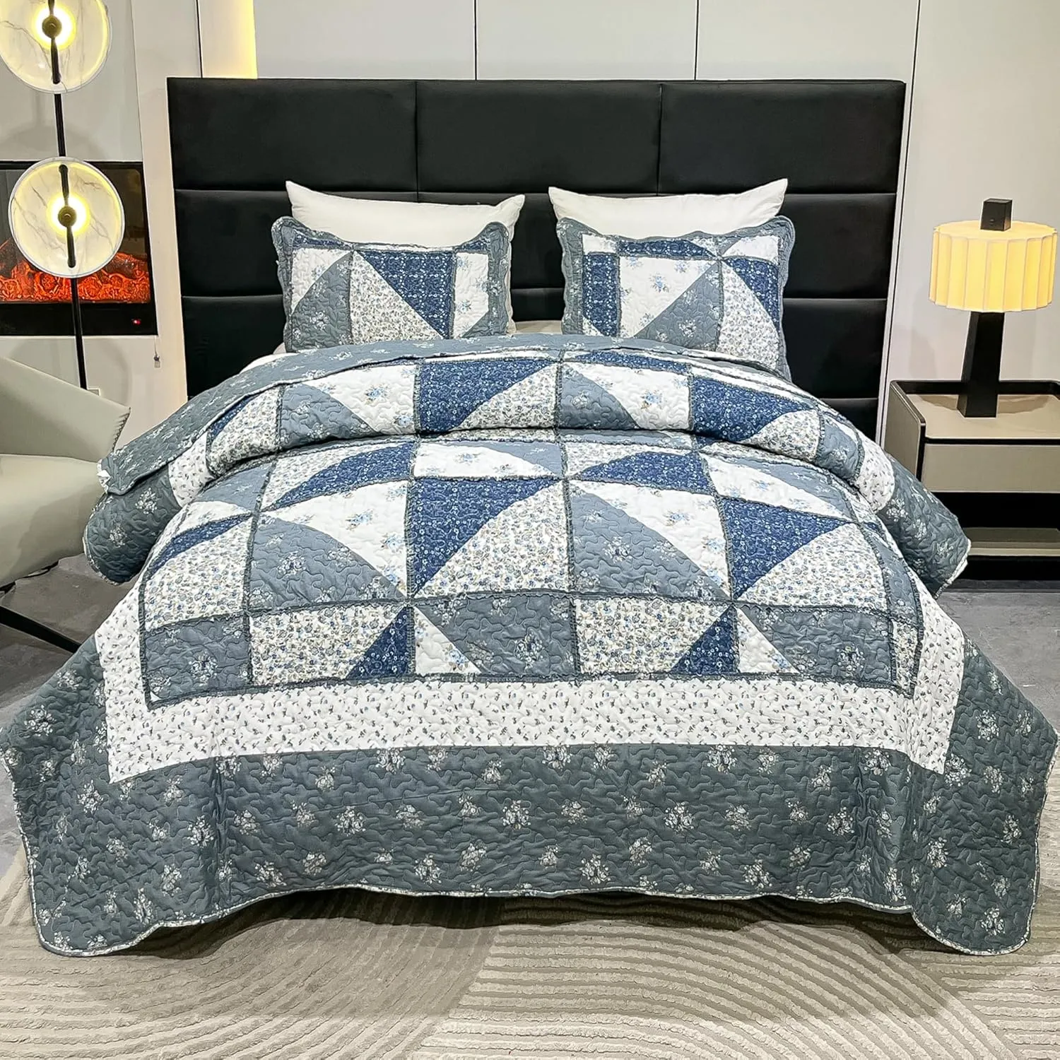 Full Queen Size Patchwork Quilt Set Grey Floral Reversible Quilted Bedspread Coverlet Set 3-Piece Lightweight Comforter Stitched Quilt Bedding Set Bed Sheet Set Cover Blanket with 2 Pillow Shams
