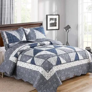 Full Queen Size Patchwork Quilt Set Grey Floral Reversible Quilted Bedspread Coverlet Set 3-Piece Lightweight Comforter Stitched Quilt Bedding Set Bed Sheet Set Cover Blanket with 2 Pillow Shams