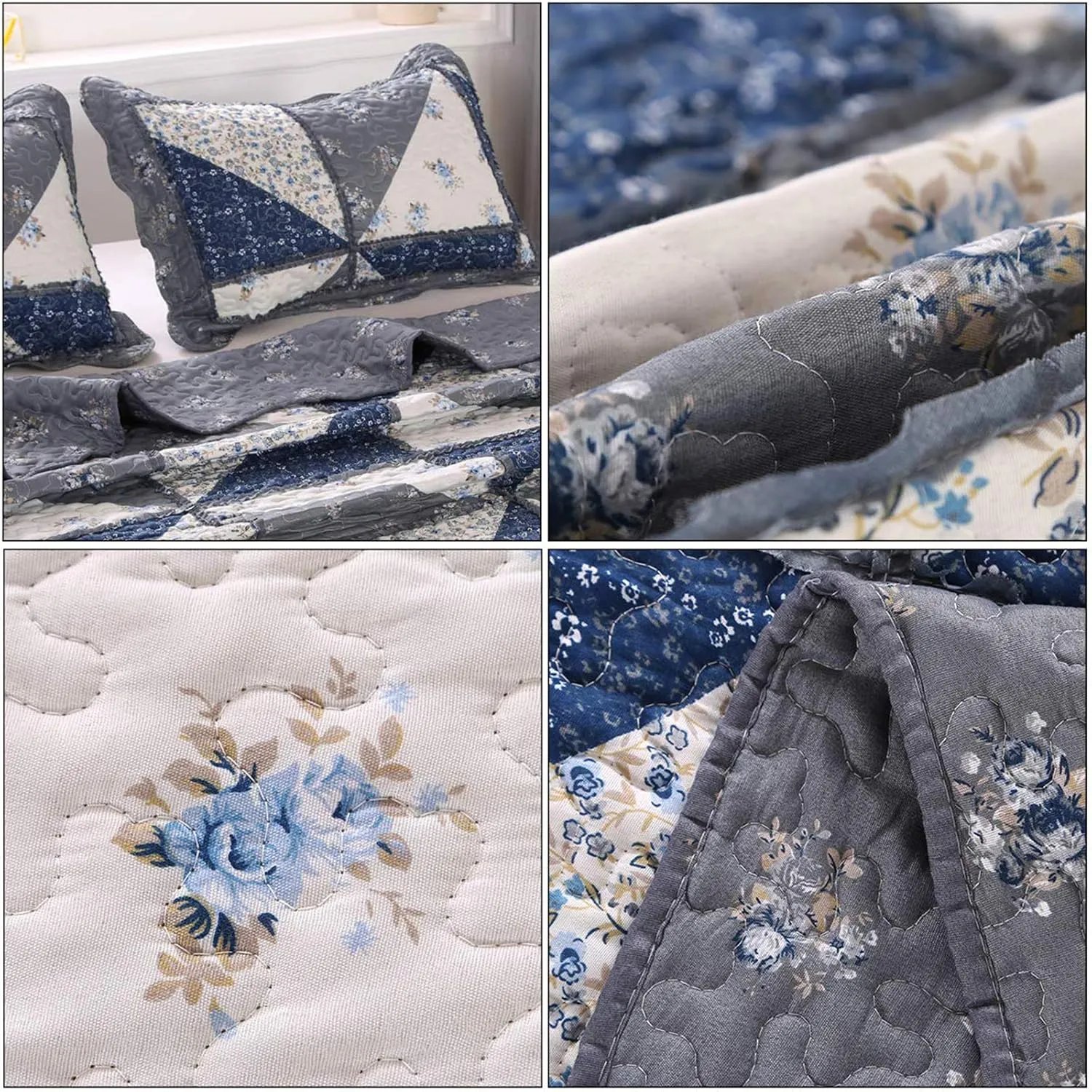Full Queen Size Patchwork Quilt Set Grey Floral Reversible Quilted Bedspread Coverlet Set 3-Piece Lightweight Comforter Stitched Quilt Bedding Set Bed Sheet Set Cover Blanket with 2 Pillow Shams