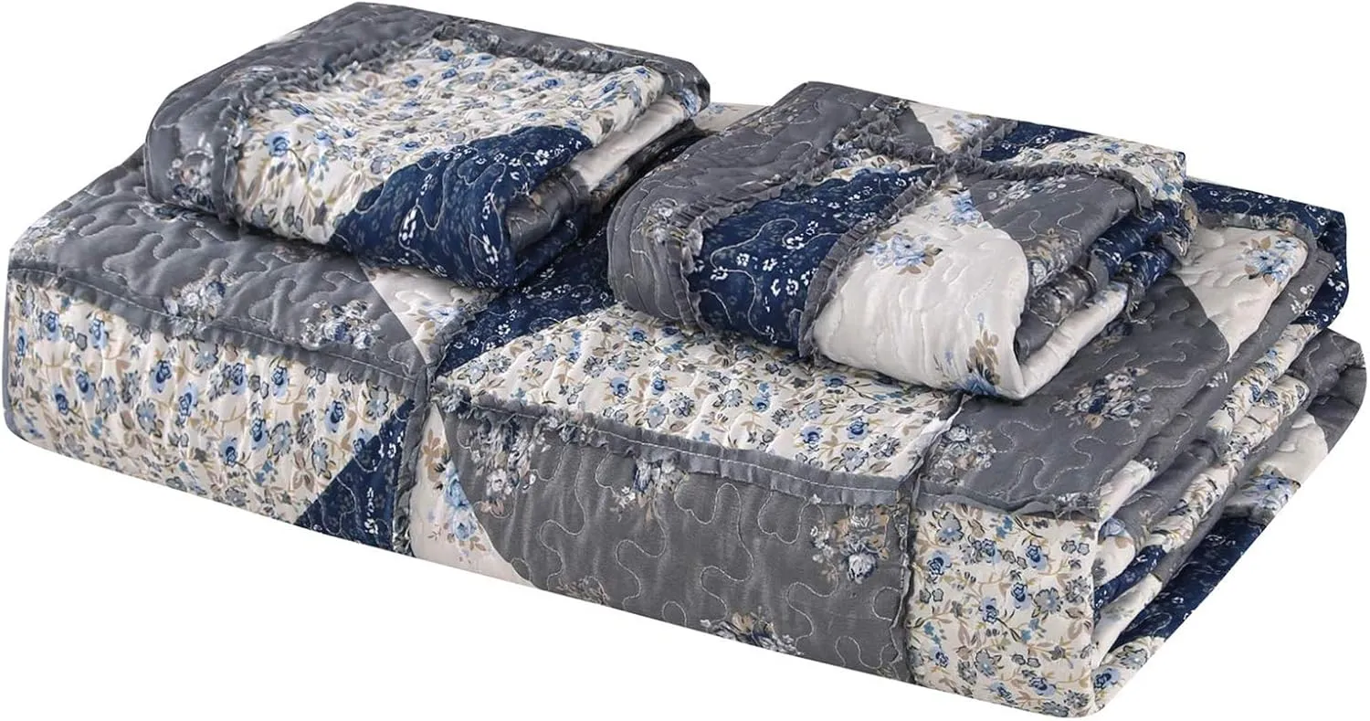 Full Queen Size Patchwork Quilt Set Grey Floral Reversible Quilted Bedspread Coverlet Set 3-Piece Lightweight Comforter Stitched Quilt Bedding Set Bed Sheet Set Cover Blanket with 2 Pillow Shams