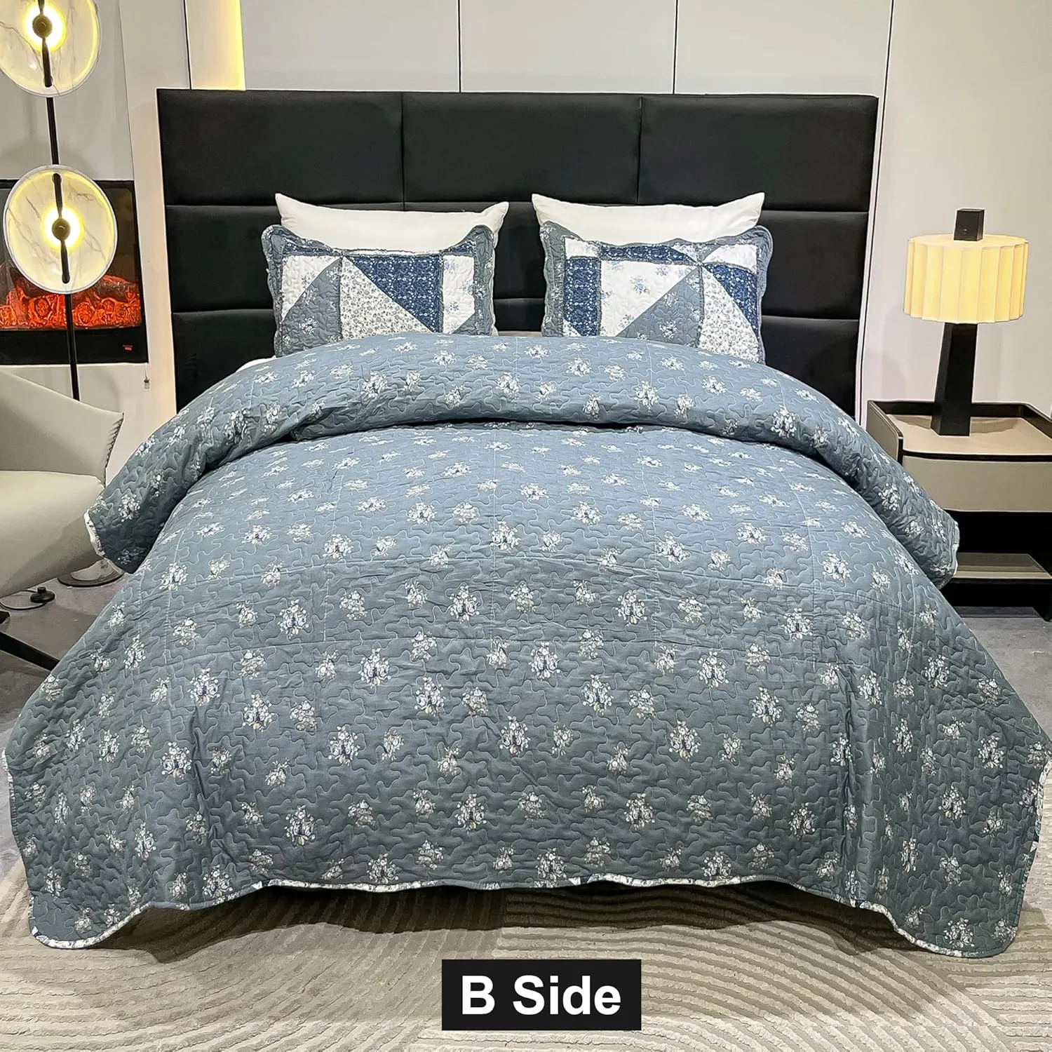 Full Queen Size Patchwork Quilt Set Grey Floral Reversible Quilted Bedspread Coverlet Set 3-Piece Lightweight Comforter Stitched Quilt Bedding Set Bed Sheet Set Cover Blanket with 2 Pillow Shams