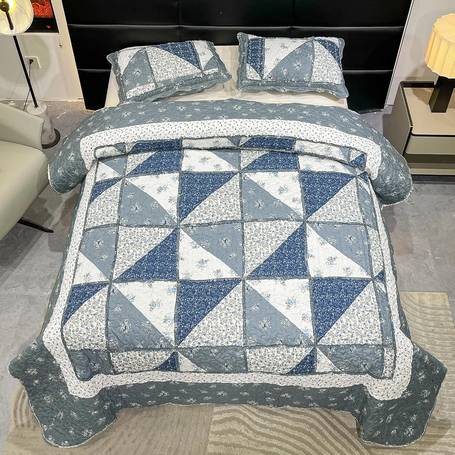 Full Queen Size Patchwork Quilt Set Grey Floral Reversible Quilted Bedspread Coverlet Set 3-Piece Lightweight Comforter Stitched Quilt Bedding Set Bed Sheet Set Cover Blanket with 2 Pillow Shams