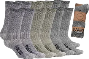 FUN TOES Men's Hiking Crew Merino Wool Socks 6 Pairs Lightweight, Reinforced Size 8-12