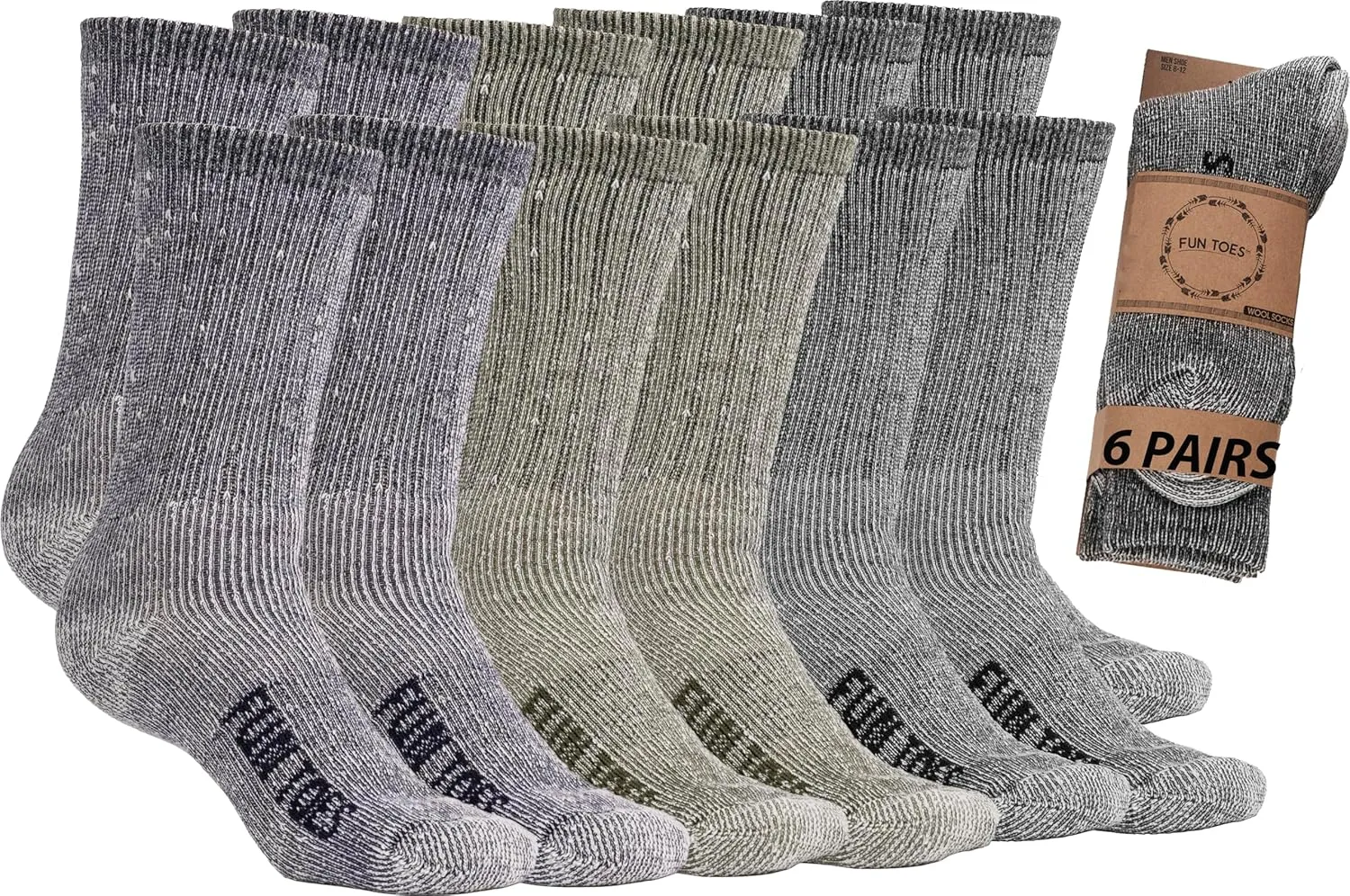 FUN TOES Men's Hiking Crew Merino Wool Socks 6 Pairs Lightweight, Reinforced Size 8-12