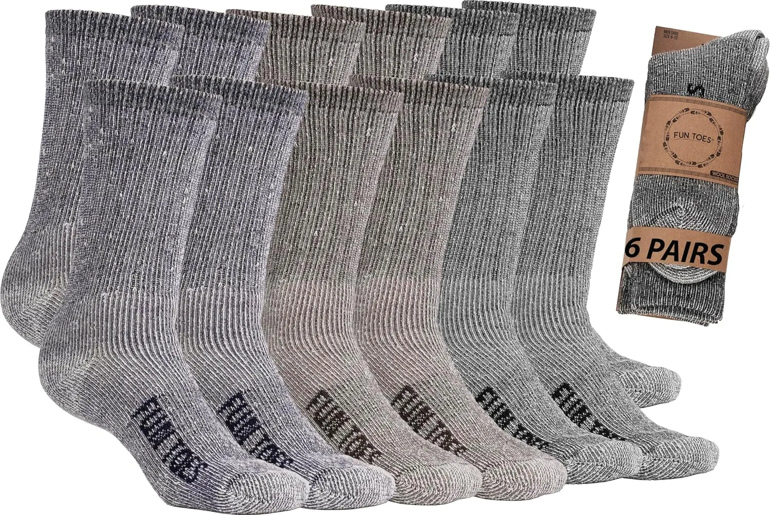 FUN TOES Men's Hiking Crew Merino Wool Socks 6 Pairs Lightweight, Reinforced Size 8-12