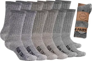 FUN TOES Men's Hiking Crew Merino Wool Socks 6 Pairs Lightweight, Reinforced Size 8-12