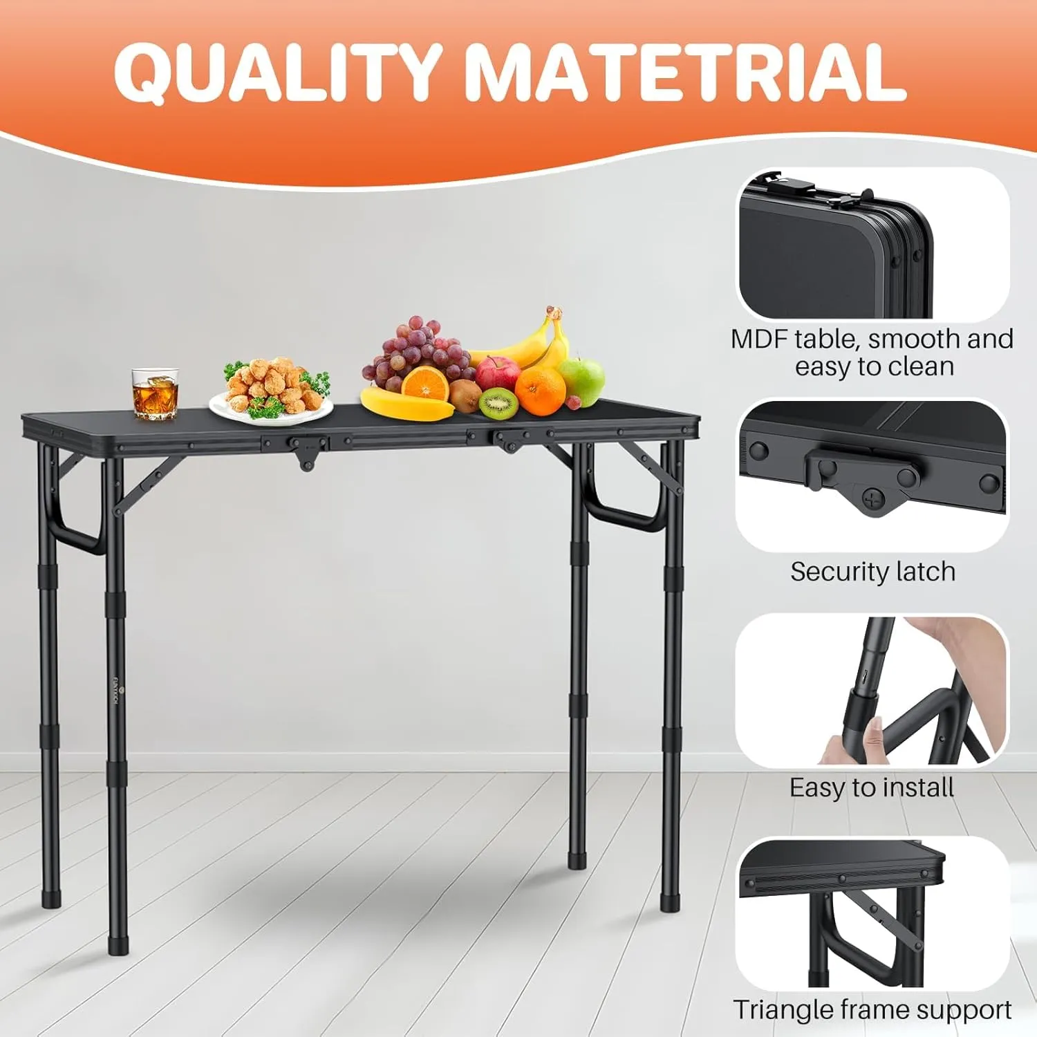 FUNYKICH 3ft Camping Folding Table with 3 Adjustable Height, Portable Picnic Tables, 34.2'' Lx15.7'' W Lightweight Aluminum Outdoor Table with Carry Handle for Camping, Picnic, Backyard, BBQ, Black