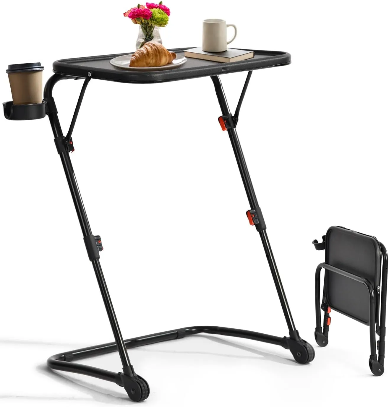 FurnitureR Adjustable Folding TV Tray Table with 4 Height & 3 Tilt Angle, Foldable Laptop Table Dinner Trays Snack Table with Cup Holder for Bed & Sofa, No Assembly Required, Black