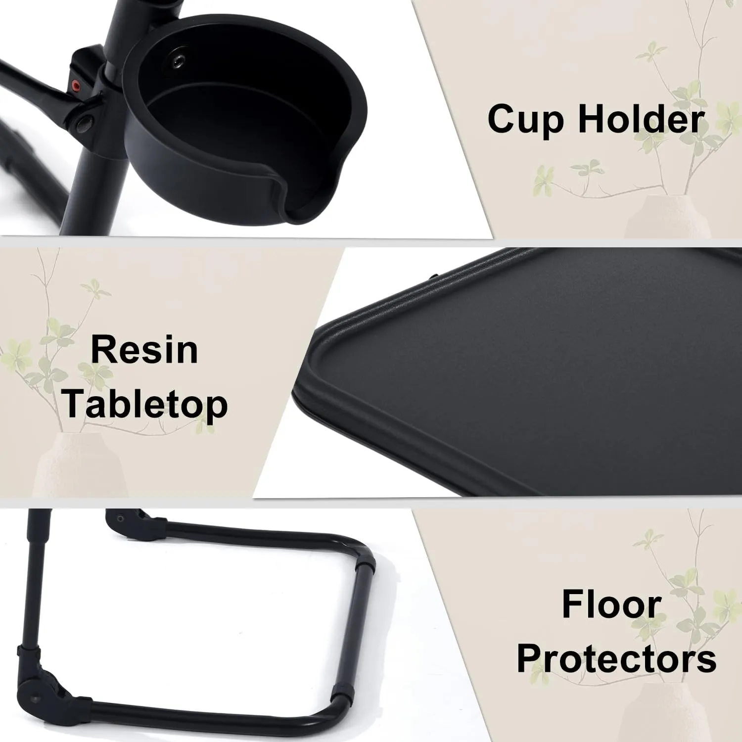 FurnitureR Adjustable Folding TV Tray Table with 4 Height & 3 Tilt Angle, Foldable Laptop Table Dinner Trays Snack Table with Cup Holder for Bed & Sofa, No Assembly Required, Black