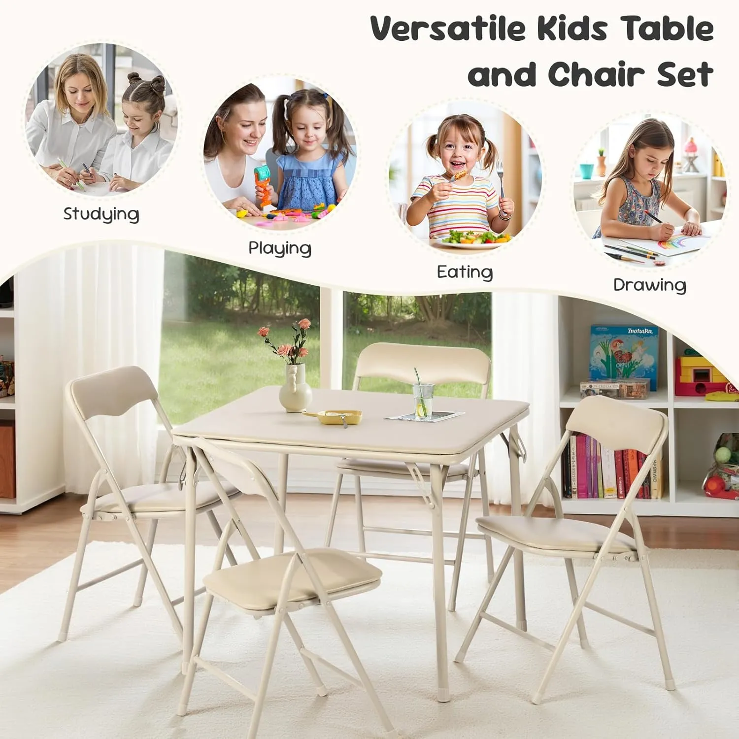 FurnitureR Children’s Folding Table and Chairs Set for Arts & Crafts, Snack Time, Activity Table with PVC Padded Seats & Metal Frame, Perfect for Daycare, Classroom, Playroom, 5-Piece Set, Camel