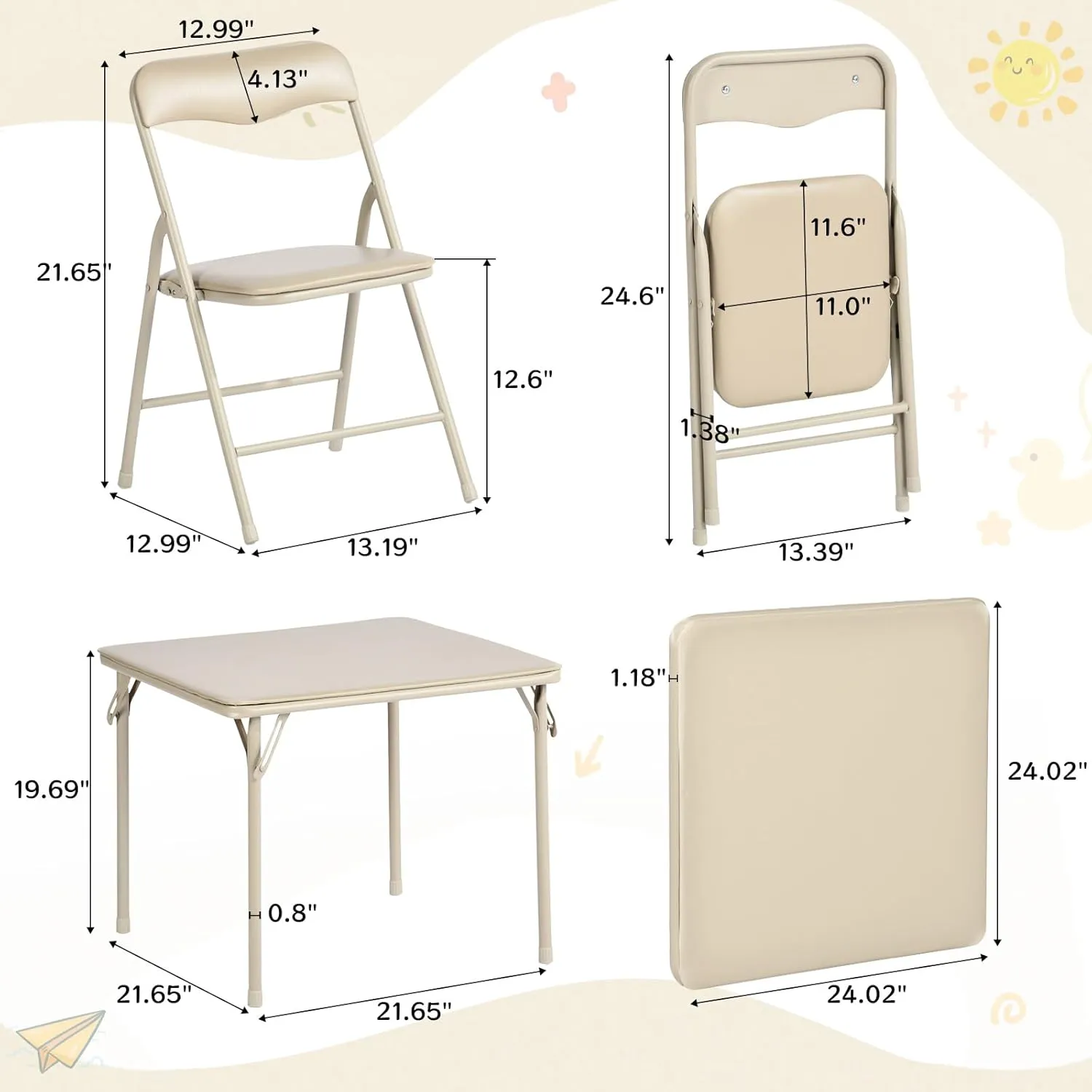 FurnitureR Children’s Folding Table and Chairs Set for Arts & Crafts, Snack Time, Activity Table with PVC Padded Seats & Metal Frame, Perfect for Daycare, Classroom, Playroom, 5-Piece Set, Camel