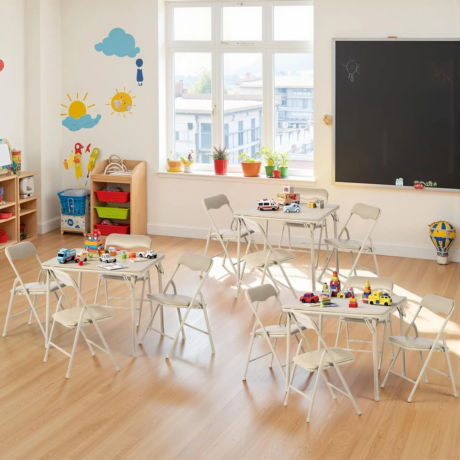 FurnitureR Children’s Folding Table and Chairs Set for Arts & Crafts, Snack Time, Activity Table with PVC Padded Seats & Metal Frame, Perfect for Daycare, Classroom, Playroom, 5-Piece Set, Camel