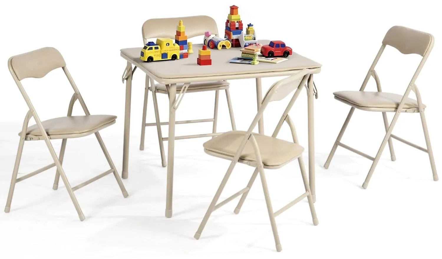 FurnitureR Children’s Folding Table and Chairs Set for Arts & Crafts, Snack Time, Activity Table with PVC Padded Seats & Metal Frame, Perfect for Daycare, Classroom, Playroom, 5-Piece Set, Camel