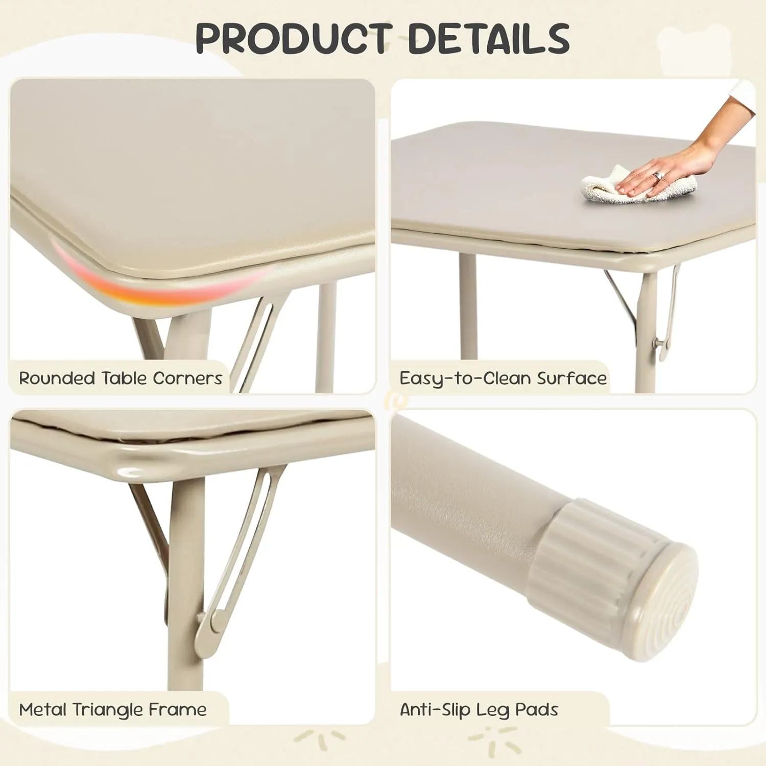 FurnitureR Children’s Folding Table and Chairs Set for Arts & Crafts, Snack Time, Activity Table with PVC Padded Seats & Metal Frame, Perfect for Daycare, Classroom, Playroom, 5-Piece Set, Camel
