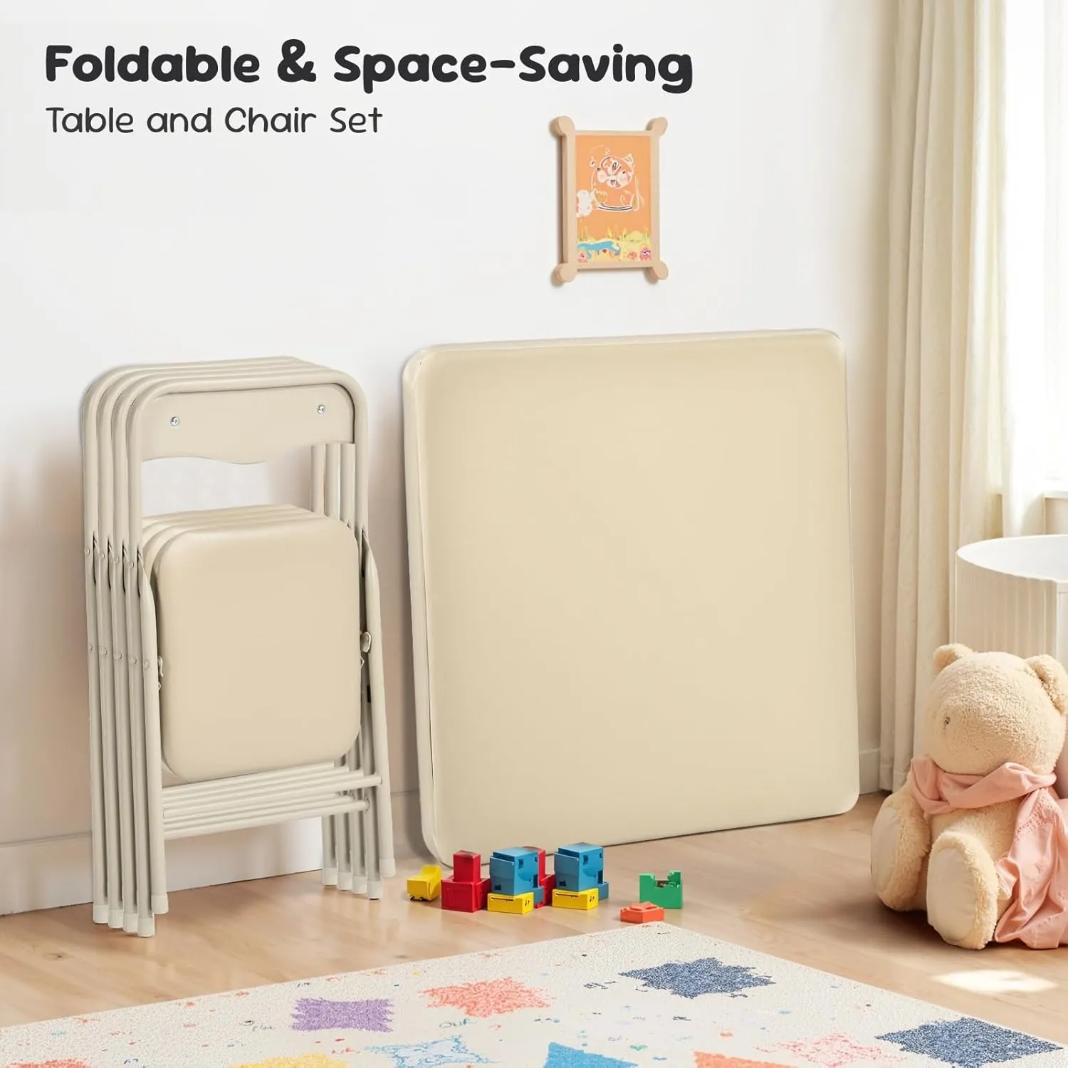FurnitureR Children’s Folding Table and Chairs Set for Arts & Crafts, Snack Time, Activity Table with PVC Padded Seats & Metal Frame, Perfect for Daycare, Classroom, Playroom, 5-Piece Set, Camel