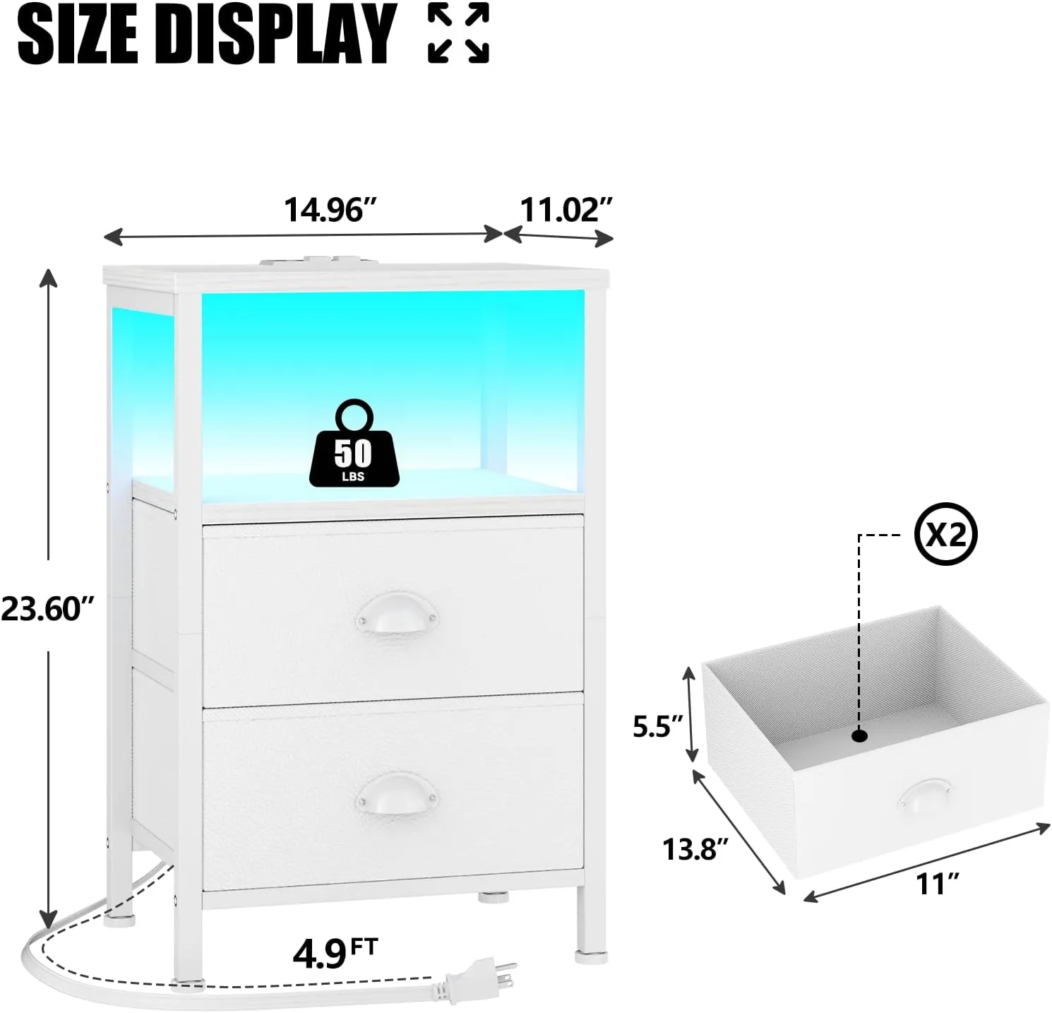 Furologee Nightstand with Charging Station, End Table with LED Lights, Bedside Table with Fabric Drawers and Storage Shelf, White Night Stands for Living Room/Bedroom