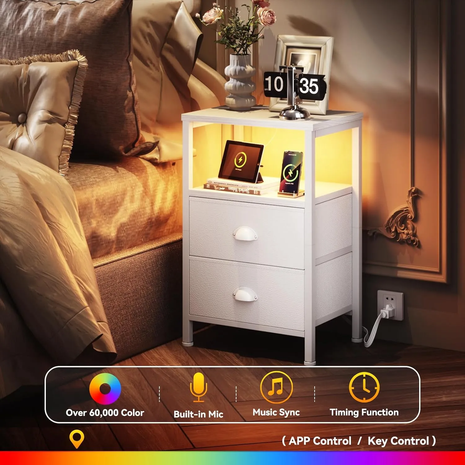 Furologee Nightstand with Charging Station, End Table with LED Lights, Bedside Table with Fabric Drawers and Storage Shelf, White Night Stands for Living Room/Bedroom