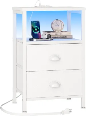 Furologee Nightstand with Charging Station, End Table with LED Lights, Bedside Table with Fabric Drawers and Storage Shelf, White Night Stands for Living Room/Bedroom