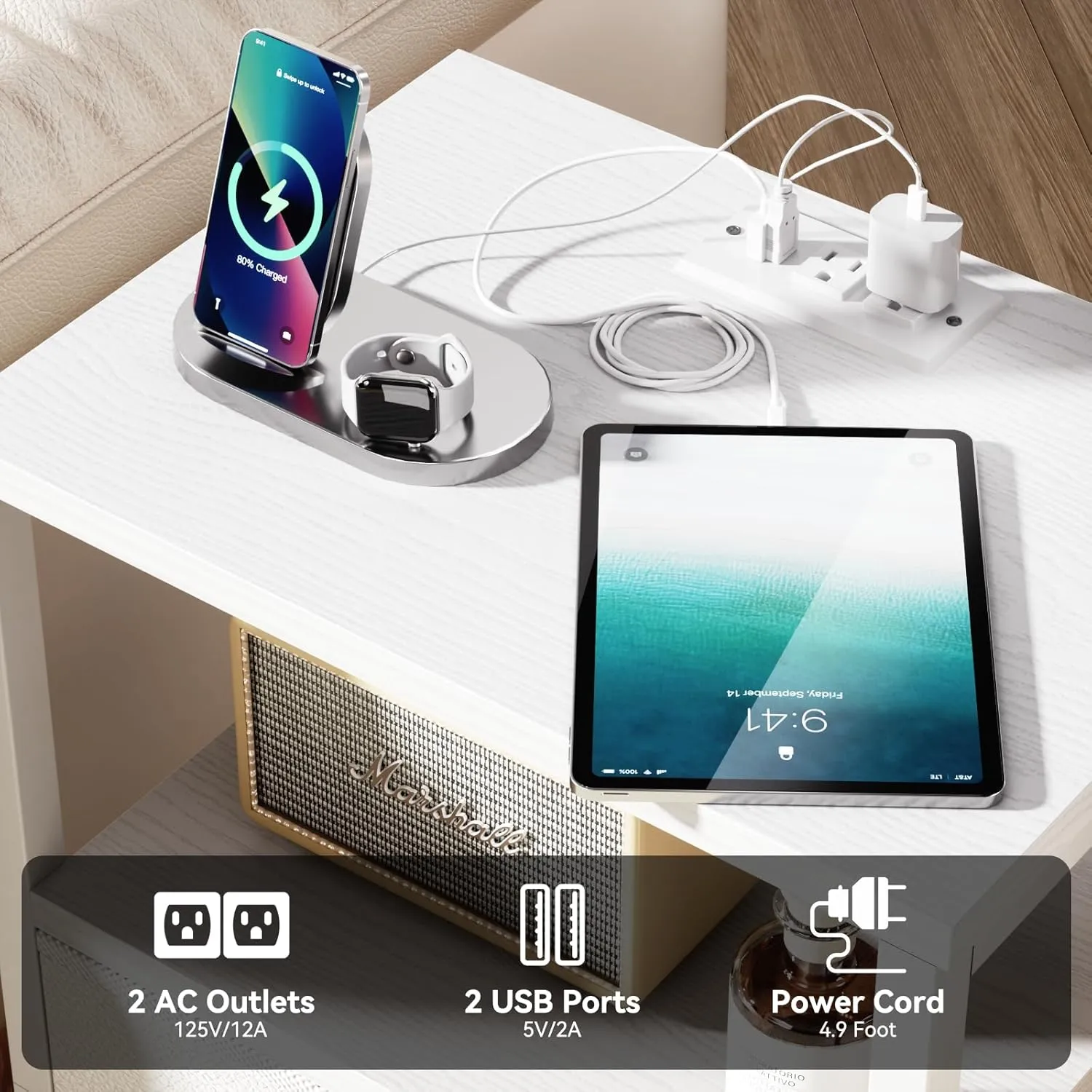 Furologee Nightstand with Charging Station, End Table with LED Lights, Bedside Table with Fabric Drawers and Storage Shelf, White Night Stands for Living Room/Bedroom
