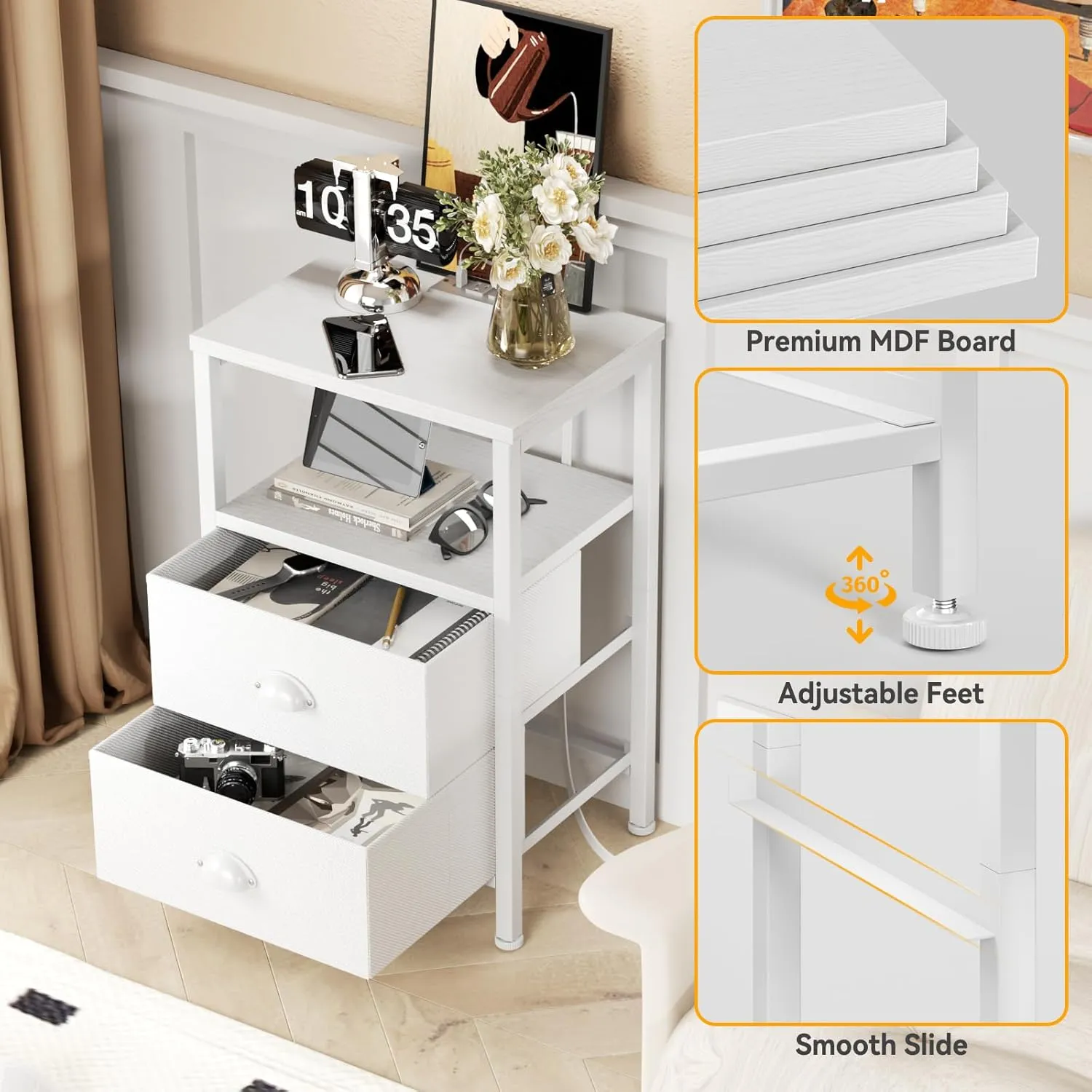 Furologee Nightstand with Charging Station, End Table with LED Lights, Bedside Table with Fabric Drawers and Storage Shelf, White Night Stands for Living Room/Bedroom