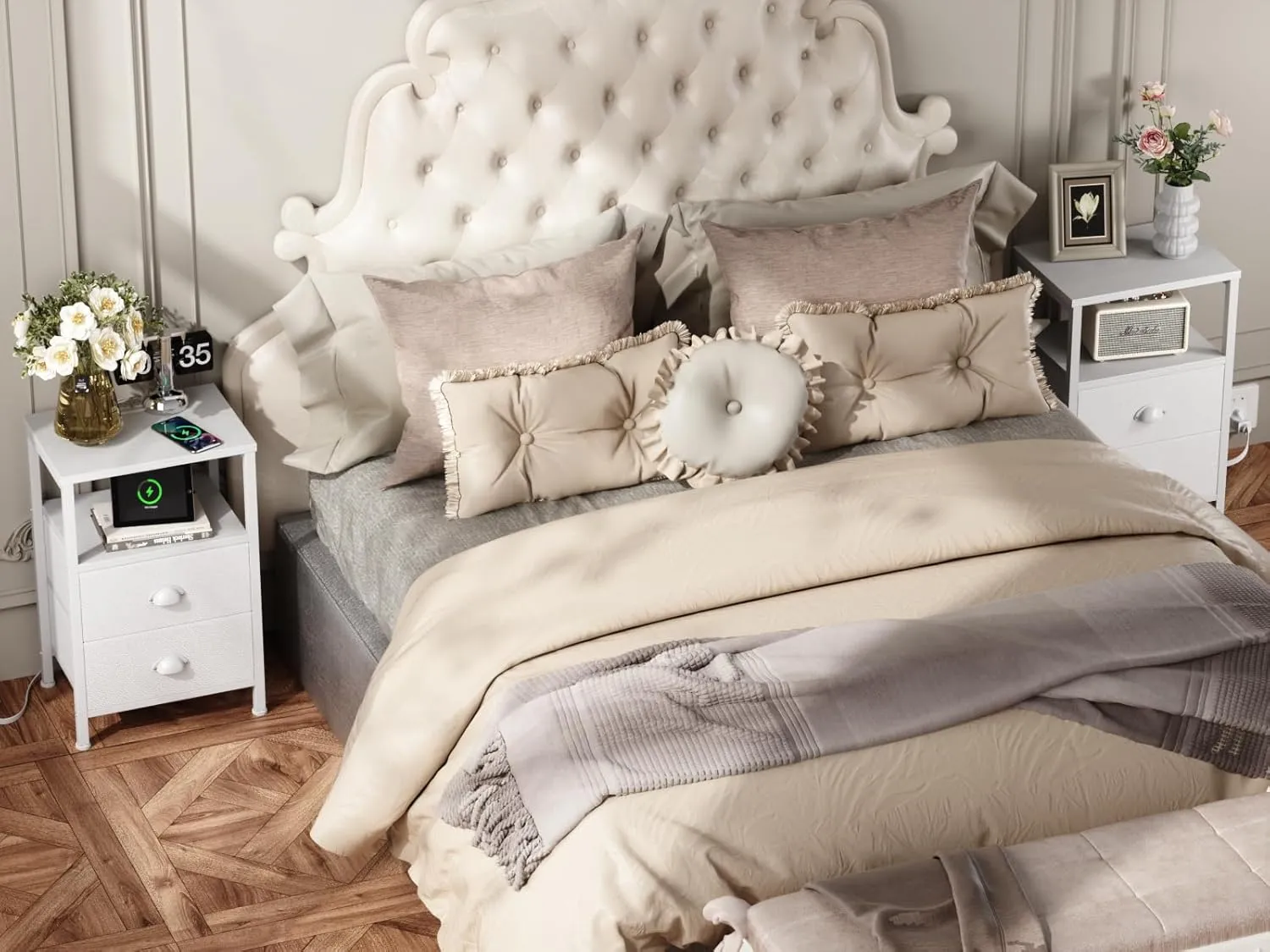 Furologee Nightstand with Charging Station, End Table with LED Lights, Bedside Table with Fabric Drawers and Storage Shelf, White Night Stands for Living Room/Bedroom