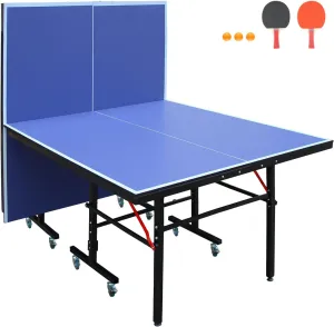 Generic 4.5ft/8ft/9ft Blue Professional Indoor Folding Rolling Table Tennis Table Indoor and Outdoor Table Tennis Table, 2 Rackets, 3 Balls, 1 Net and 4 Wheels Set Behind It for Easy Movement (8ft)
