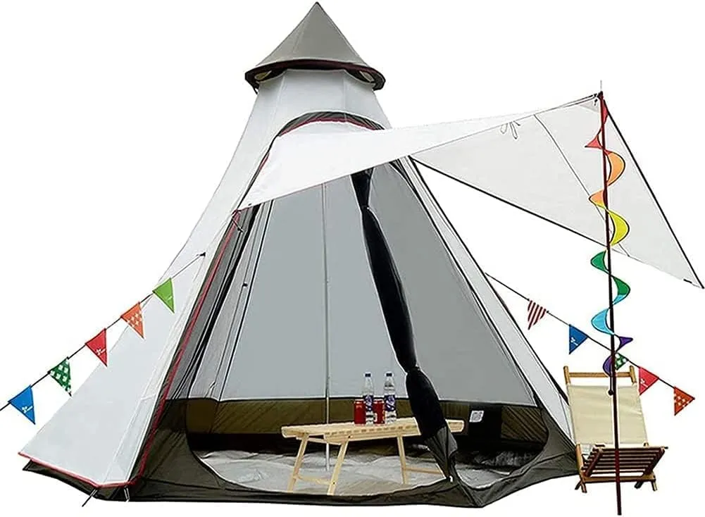 GeRRiT Waterproof Camping Pyramid Teepee Tent Adult Tipi Tent Waterproof Double Layers Tent Yurt Tent Tower Post Bell Tent for Outdoo Family Trip Beautiful Scenery