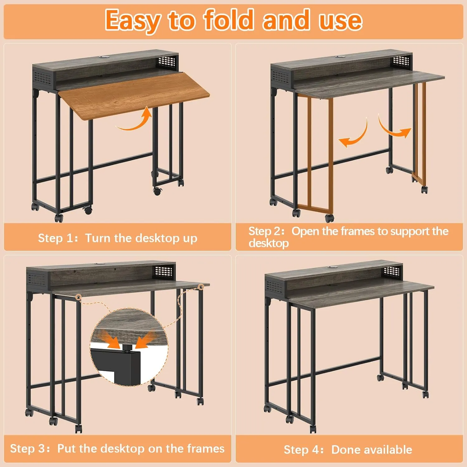 Gezen Folding Desk With Storage Shelf, Small Rolling With Wheels, Mobile Couch Sofa Side Table Bed for Home Office Small Space, Dark Grey, 31.5"