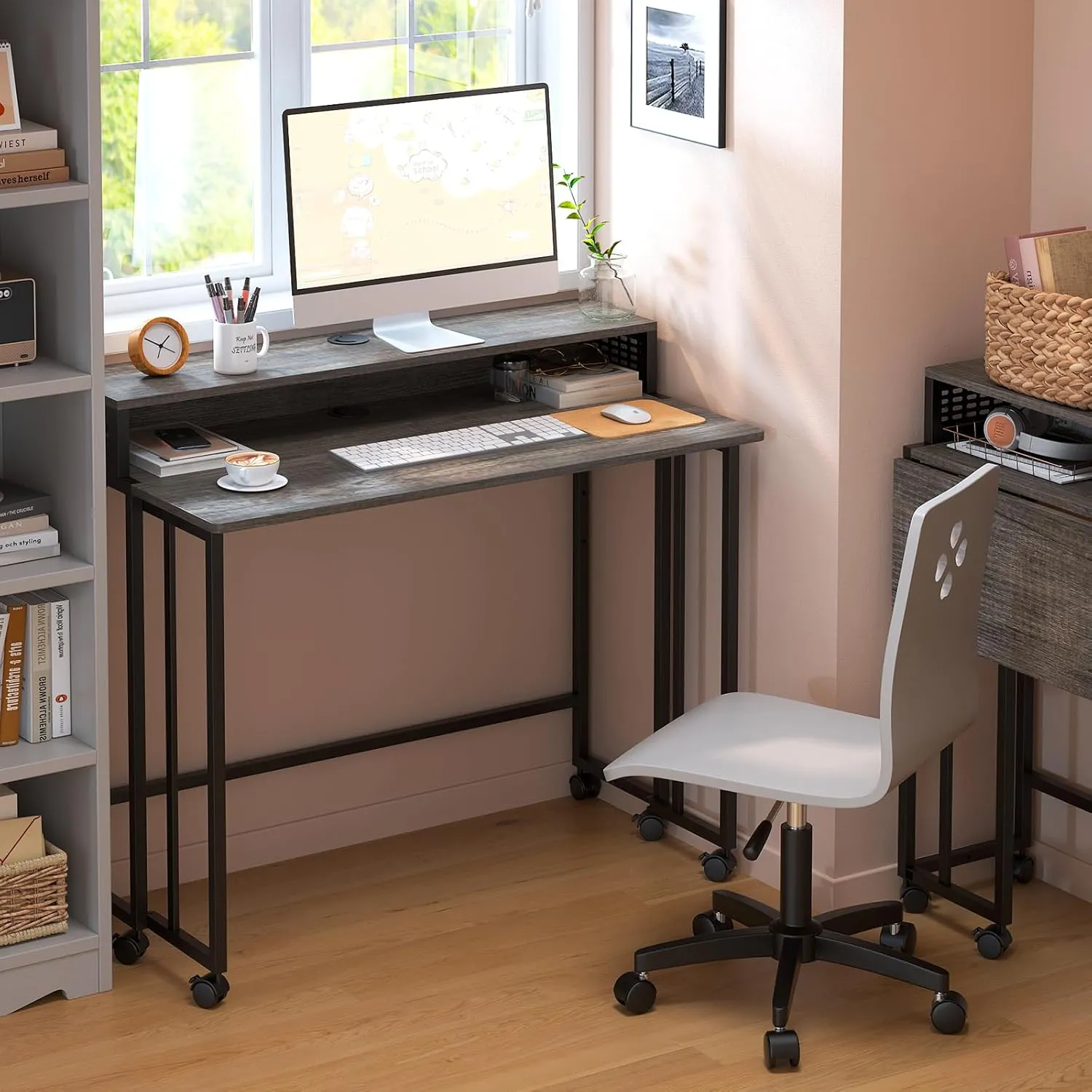 Gezen Folding Desk With Storage Shelf, Small Rolling With Wheels, Mobile Couch Sofa Side Table Bed for Home Office Small Space, Dark Grey, 31.5"