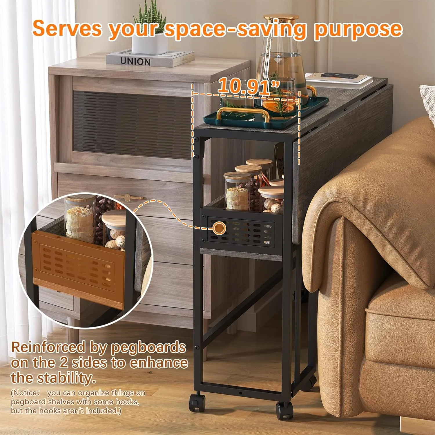 Gezen Folding Desk With Storage Shelf, Small Rolling With Wheels, Mobile Couch Sofa Side Table Bed for Home Office Small Space, Dark Grey, 31.5"