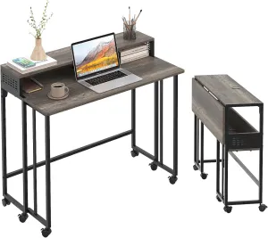 Gezen Folding Desk With Storage Shelf, Small Rolling With Wheels, Mobile Couch Sofa Side Table Bed for Home Office Small Space, Dark Grey, 31.5"