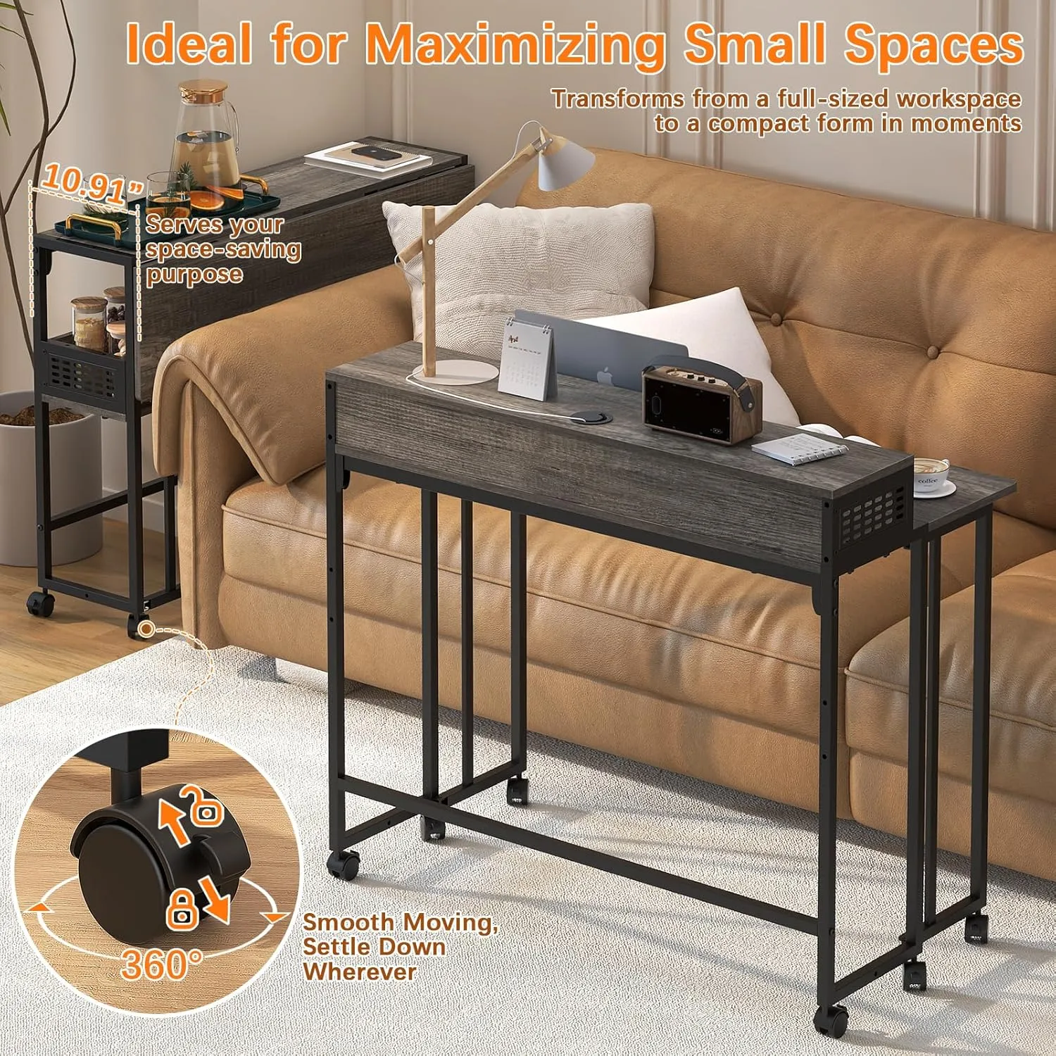 Gezen Folding Desk With Storage Shelf, Small Rolling With Wheels, Mobile Couch Sofa Side Table Bed for Home Office Small Space, Dark Grey, 31.5"