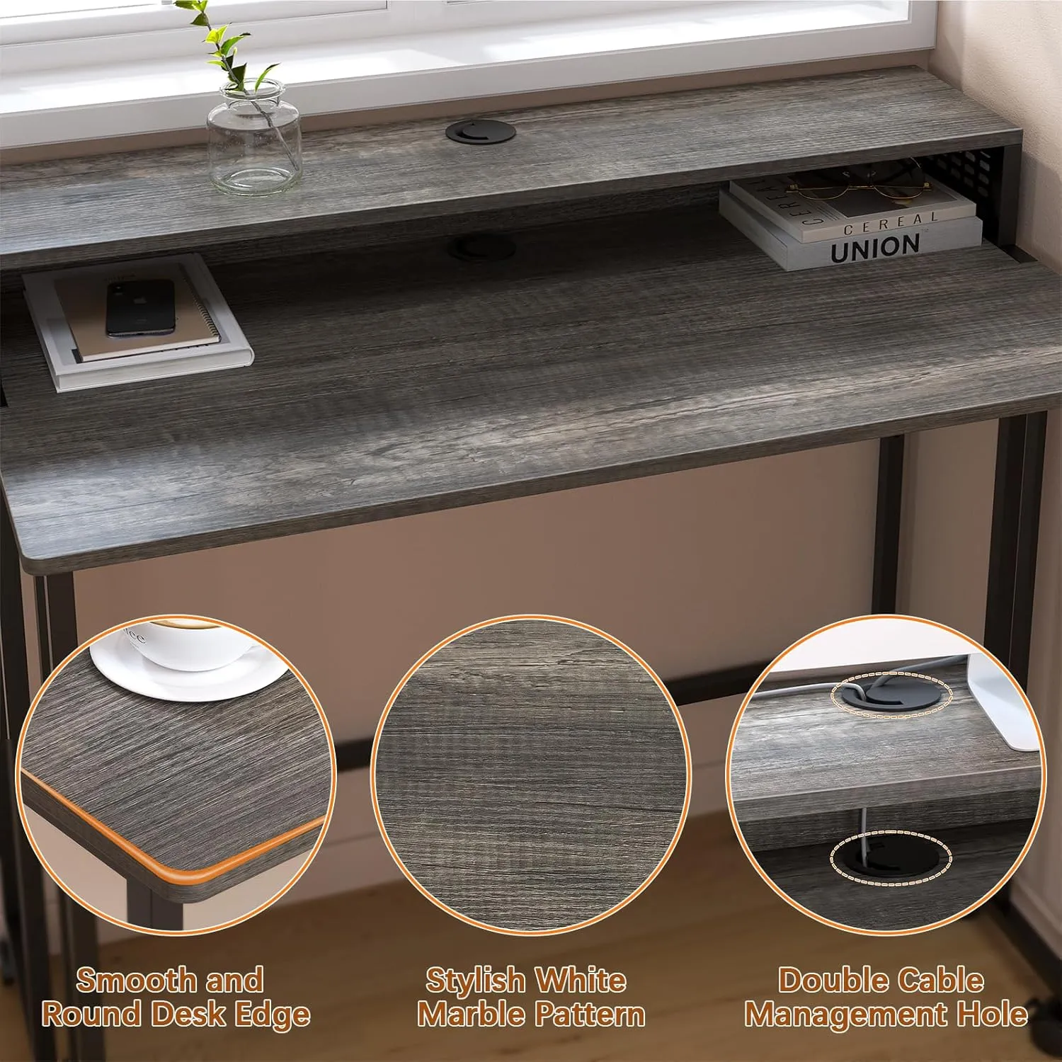 Gezen Folding Desk With Storage Shelf, Small Rolling With Wheels, Mobile Couch Sofa Side Table Bed for Home Office Small Space, Dark Grey, 31.5"